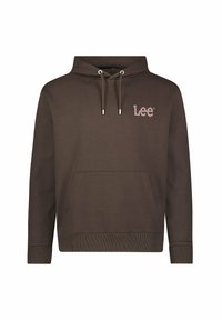 Brązowy bawełniany hoodie z przednią kieszenią kangurką, kapturem ze sznurkiem oraz różowym haftowanym logo "Lee" na klatce piersiowej. Teksturowane prążkowane mankiety.