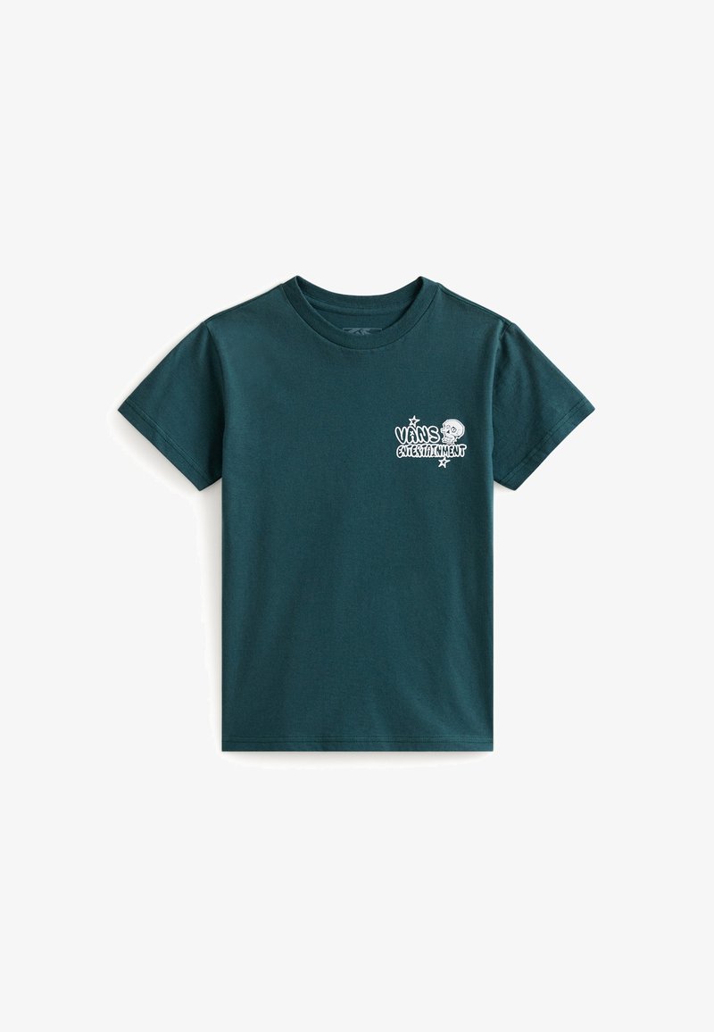 Mørkegrøn kortærmet t-shirt med rund hals, prydet med hvid tekst "Vans Entertainment" og et lille kraniet grafik på venstre bryst.