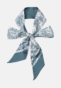 Silk scarf in blue tones with a floral pattern and solid color accents. It features a wide, tied design with pointed ends.
