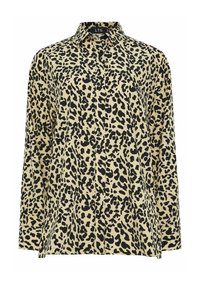 Tijgerprint knoopblouse in beige en zwart, met een kraag, lange mouwen en een rechte snit met een losse pasvorm.