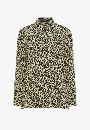 Paita nappikiinnityksellä, jossa on leopardiprintti beigellä ja mustalla, kaulus, pitkät hihat ja suora leikkaus rentoa istuvuutta varten.