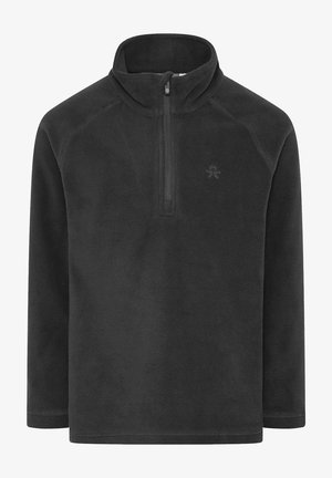 Dunkelgrauer Fleece-Pullover mit einem Viertelreißverschlusskragen, langen Ärmeln und einem dezenten Logo auf der linken Brust. Weiche Textur, keine Muster.