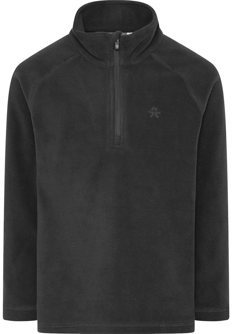 Pullover in pile grigio scuro con colletto a zip quarti, maniche lunghe e un logo discreto sul lato sinistro del petto. Tessuto morbido, senza motivi.