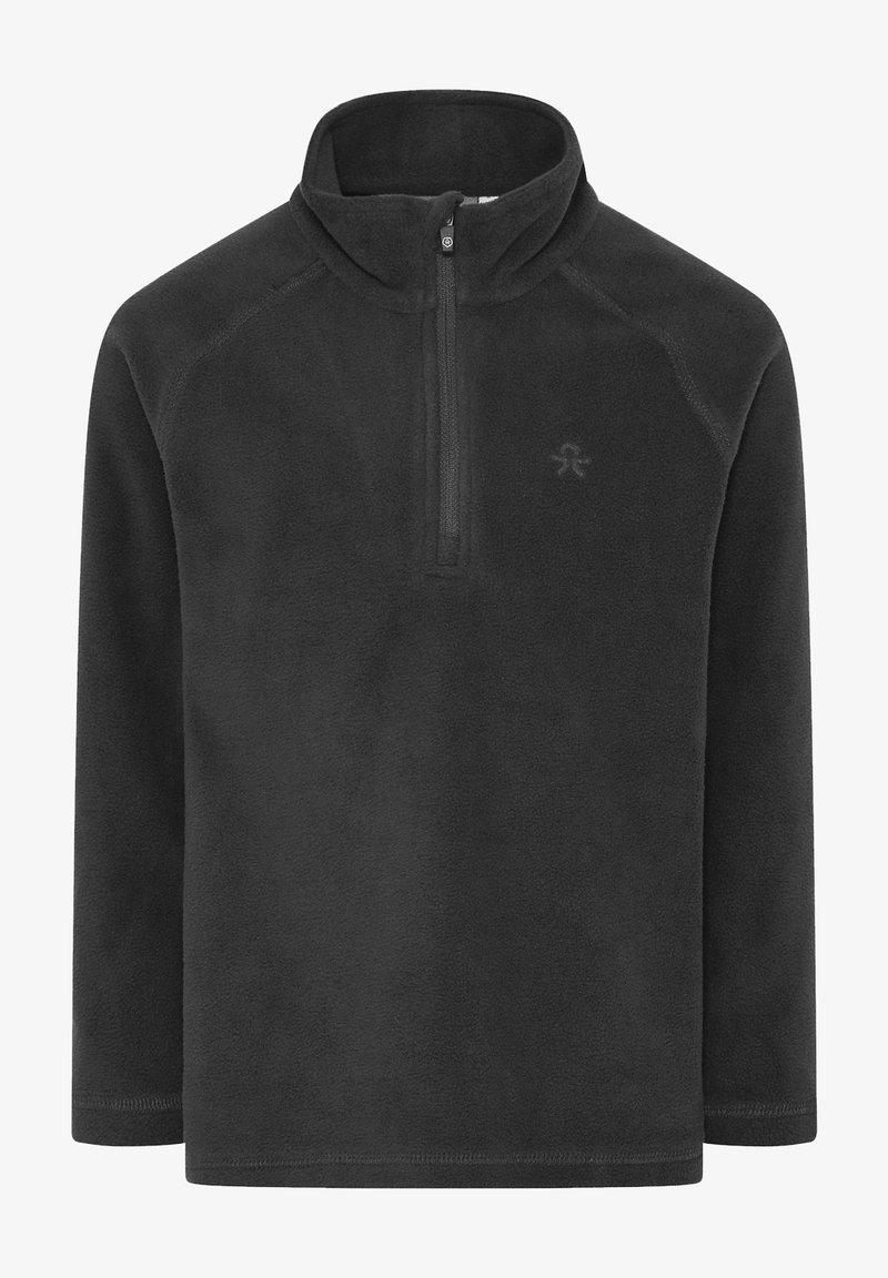 Pullover in pile grigio scuro con colletto a zip quarti, maniche lunghe e un logo discreto sul lato sinistro del petto. Tessuto morbido, senza motivi.