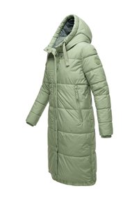 Lange, puffy groene jas met een capuchon, voorzien van gequiltte secties, een ritssluiting aan de voorkant en zijzakken. Glad, glanzend textuur.