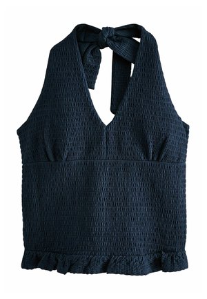Tmavomodrý textúrovaný halter top s výstrihom do V, viazacím uzáverom na krku, priliehavým prsiam a volánikovým lemom.