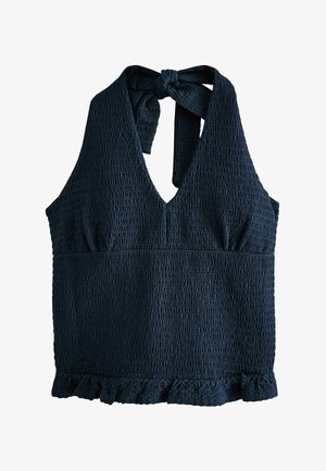 Tumesinine tekstuuriga halterkaelusega top V-kaelusega, kaelusel lipsuga kinnitusega, vormitud rinnaosaga ja volangidega äärega.