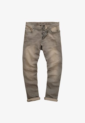 Lichtgrijze denim jeans met een rechte pasvorm, vijf zakken, een knoopsluiting en opgerolde manchetten. Subtiele versleten textuur.