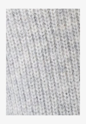 Lichtgrijze gebreide stof met een zachte, gestructureerde afwerking. Heeft een geribd patroon en subtiele variaties in de dikte van het garen.