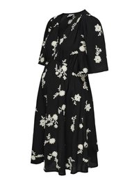 Robe midi noire avec broderie florale blanche, col en V, manches courtes larges et taille froncée.