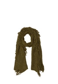 Sciarpa lavorata a maglia verde oliva con bordi frangiati e motivo testurizzato, forma rotonda, materiale morbido, adatta per essere avvolta o indossata in modo casual.