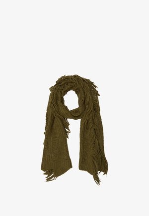 Bufanda de punto verde oliva con bordes flecados y un patrón texturizado, de forma redonda, material suave, adecuada para envolver o llevar de manera informal.