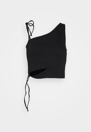 Čierny crop top na jedno rameno s textúrovaným povrchom, asymetrickým dizajnom, viazacím ramienkom a výrezom na boku.