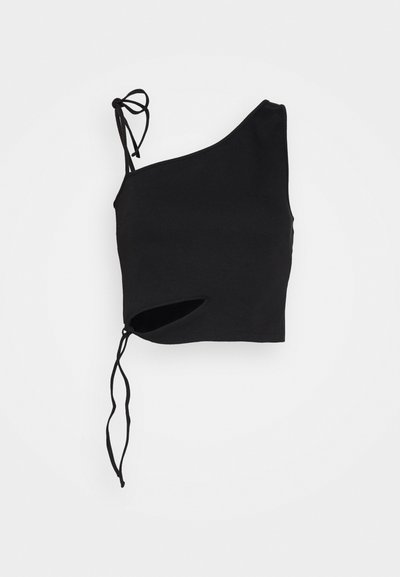 Top court noir à une épaule avec une finition texturée, un design asymétrique, une sangle à nouer et un détail découpé sur le côté.