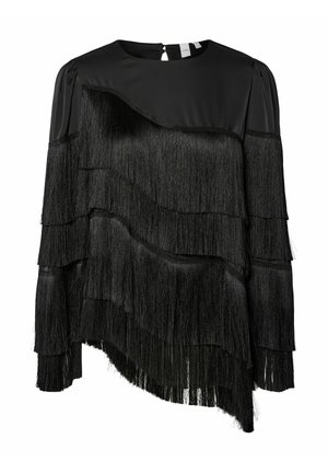 Czarna bluzka z warstwowym wzorem, z teksturowanym frędzlem, okrągłym dekoltem i długimi rękawami, zakończona zapięciem na plecach w formie dziurki.