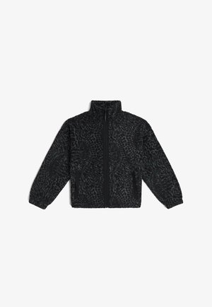 Schwarze Fleecejacke mit Reißverschluss vorne, hohem Kragen und strukturiertem Muster. Enthält Seitentaschen und elastische Bündchen.