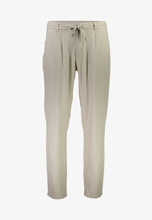 Lys beige bukser lavet af blødt stof; har en snor i taljen, lige ben og sidelommer med en subtil struktureret finish.