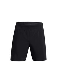 Schwarze Sportshorts aus leichtem, atmungsaktivem Material. Sie verfügen über einen elastischen Bund und eine glatte Textur mit minimaler Beschaffenheit.