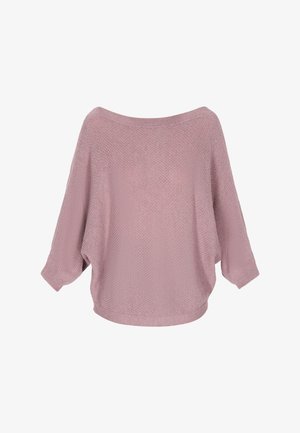 Laza, váll nélküli pulóver világos rózsaszín kötött anyagból, széles ujjakkal és texturált mintával. Puha, laza dizájn.