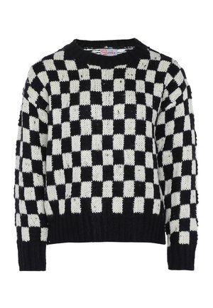Maglione a righe bianco e nero, lavorato a maglia, con scollo rotondo, spalle scese e polsini e orlo a coste. Tessuto testurizzato.