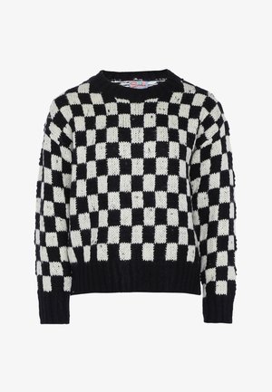 Czarny i biały sweter w kratkę, dziany, z okrągłym dekoltem, opuszczonymi ramionami oraz ściągaczami na mankietach i u dołu. Teksturowany materiał.
