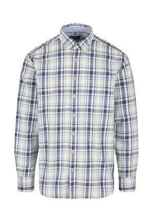 Langärmliges kariertes Hemd in Blau, Grün und Weiß. Verfügt über einen Button-Down-Kragen, eine Brusttasche und Knopfverschlüsse entlang der Knopfleiste.