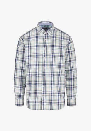 Langarmgestreept overhemd in blauw, groen en wit. Bevat een button-down kraag, een voorzak en knoopsluitingen langs de placket.