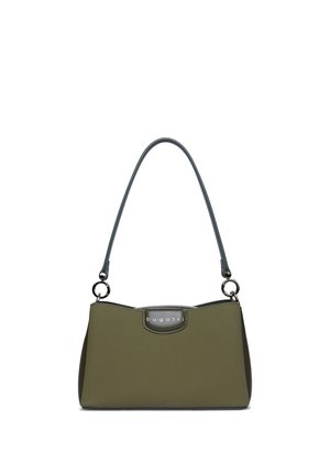 Sac à main rectangulaire vert olive avec garniture noire, attaches en anneau argentées et une seule bandoulière, arborant la marque "bugatti" à l'avant.