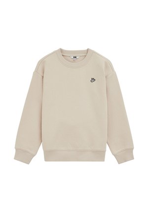 Beiger Langarm-Crewneck-Pullover mit dezentem, strukturiertem Muster und kleinem schwarz-weißem Vogel-Logo auf der linken Brustseite.