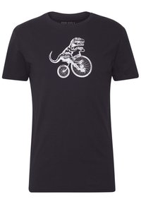 Černé bavlněné tričko s bílým grafickým motivem T-Rexe jezdícího na bicyklu, krátké rukávy a kulatý výstřih.