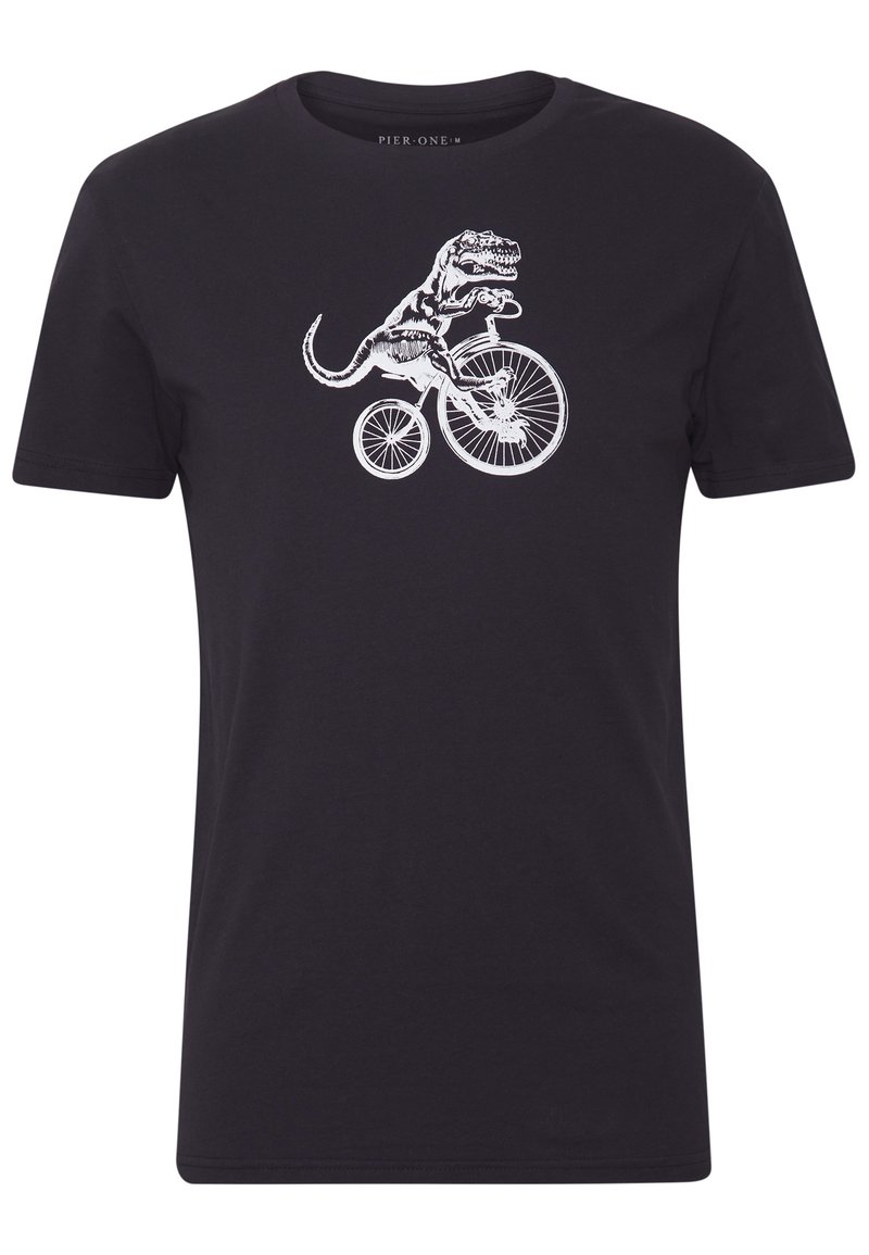 Černé bavlněné tričko s bílým grafickým motivem T-Rexe jezdícího na bicyklu, krátké rukávy a kulatý výstřih.
