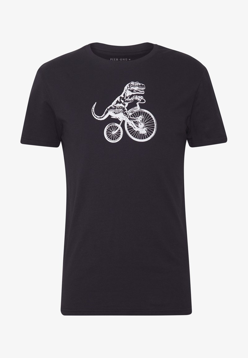 Černé bavlněné tričko s bílým grafickým motivem T-Rexe jezdícího na bicyklu, krátké rukávy a kulatý výstřih.