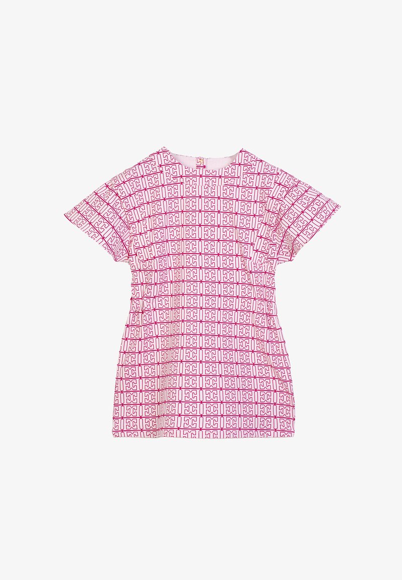 T-shirt a maniche corte di colore rosa con un motivo geometrico ripetuto in un rosa più scuro. Realizzata in tessuto leggero con una vestibilità comoda.