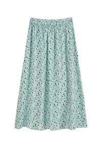 Jupe bleu clair avec une taille élastique, ornée d'un motif floral et géométrique en vert foncé, noir et crème. Fabriquée en tissu doux et respirant.