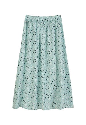 Light blue skirt with an elastic waistband, featuring a floral and geometric pattern in dark green, black, and cream. Made of soft, breathable fabric.