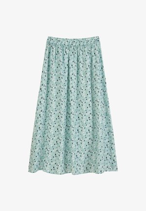 Light blue skirt with an elastic waistband, featuring a floral and geometric pattern in dark green, black, and cream. Made of soft, breathable fabric.