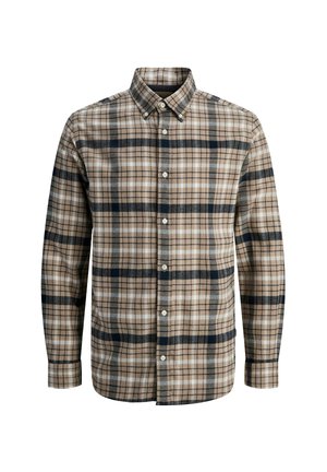 Camicia a quadri con bottoni in beige, marrone e blu navy. Presenta un colletto, maniche lunghe e una vestibilità classica con motivi a quadri a contrasto.