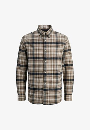 Geruite button-up shirt in beige, bruin en marineblauw. Beschikt over een kraag, lange mouwen en een klassieke pasvorm met contrasterende ruitpatronen.