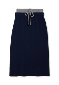 Gonna midi blu navy con vita elastica grigia e lacci grigi, taglio dritto, design frontale piatto.
