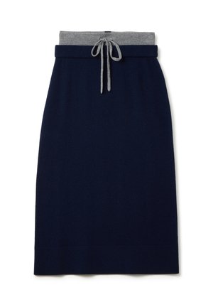 Gonna midi blu navy con vita elastica grigia e lacci grigi, taglio dritto, design frontale piatto.