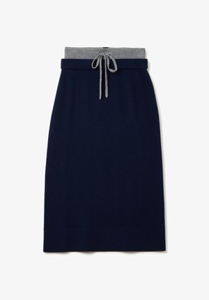 Marineblaues Midikleid mit grauem elastischen Bund und grauem Kordelzug, gerade Schnittform, flaches Vorderdesign.