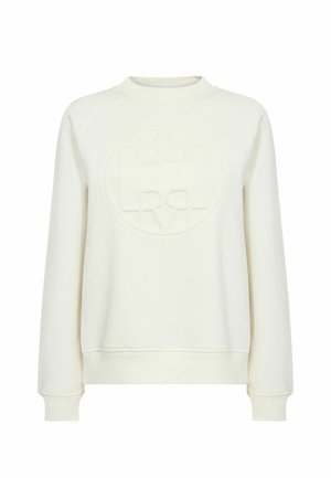 Biała bluza z długim rękawem, okrągłym dekoltem i wytłoczonym okrągłym logo na środku z przodu.