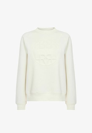 Biała bluza z długim rękawem, okrągłym dekoltem i wytłoczonym okrągłym logo na środku z przodu.