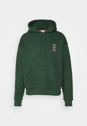 Felpa verde con cappuccio con coulisse, tasca frontale e polsini a coste. Presenta tre piccoli loghi ricamati sul petto. Tessuto morbido al tatto.