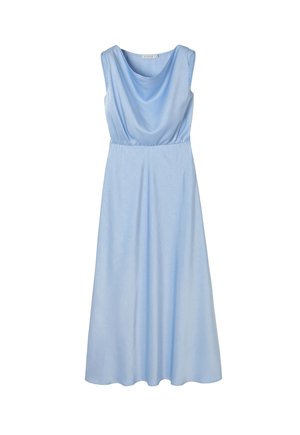 Light blue sleeveless dress with a draped neckline, cinched waist, and flowing skirt, made from smooth fabric with a subtle texture.