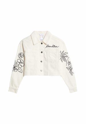 Cropped denim jacket in off-white with black floral embroidery on sleeves, button closures, and two chest pockets.