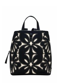 Schwarze Stoffhandtasche mit cremefarbenen, floralem Durchbruchmuster, strukturierte Oberfläche, zwei Henkel und Reißverschluss. Logo an der Basis.