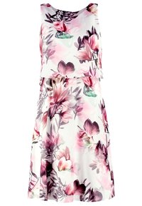 Robe sans manches à motif floral avec une base blanche ornée de fleurs roses et violettes, un buste ajusté et une jupe évasée. Tissu léger.