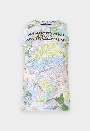 Ärmelloses Sportoberteil in pastel Farben mit einem botanischen und abstrakten Muster sowie einem schwarzen Textlogo auf der Vorderseite. Stoff aus Baumwollmischung.