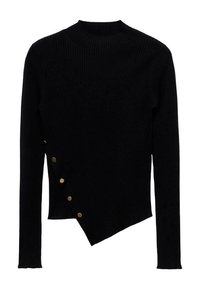 Pull noir côtelé à manches longues avec col montant et ourlet asymétrique, présentant cinq boutons métalliques sur un côté.